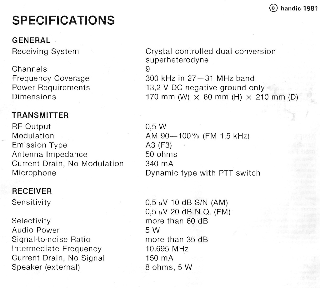 Handic 999 specificaties